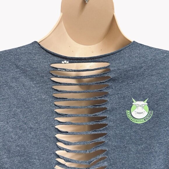 MONSTER RESERVATIONS Fabric Fringe-Cut Top Tee Large Blue/Gray Shredded Back - Picture 6 of 15